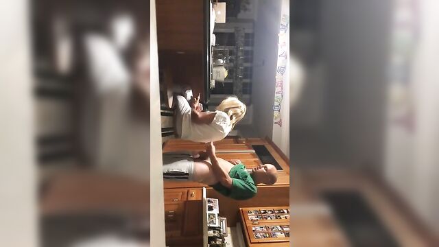 Son jerks off behind mom's back and cums - 2 image