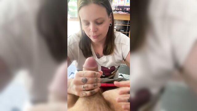 Mom with tattoos sucks her son's dick - 5 image