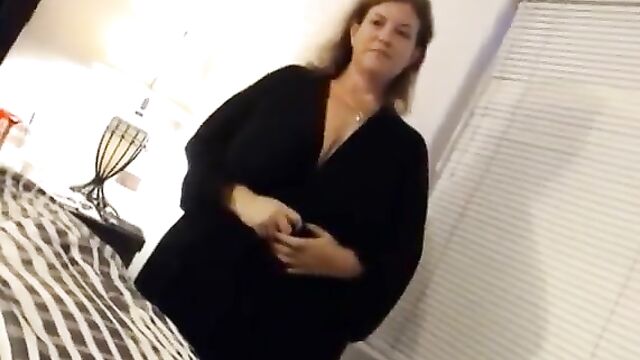 Chubby mommy shows her son her wet pussy