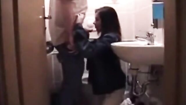 Daughter gives her daddy a blowjob in the bathroom