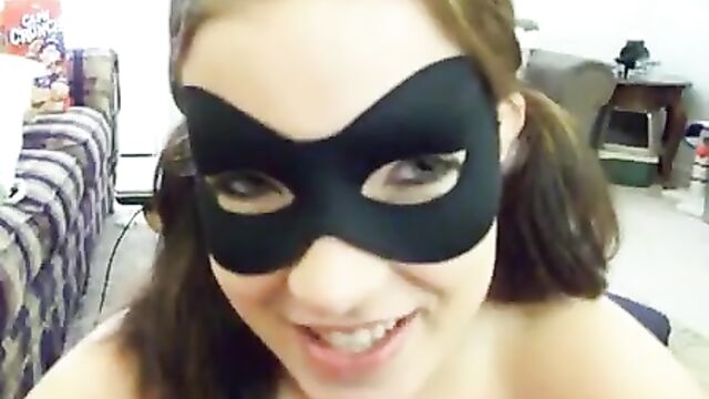 Pretty masked daughter giving her father a blowjob
