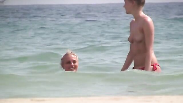 Pretty Twin Sisters Topless on the Vacation - 2 image