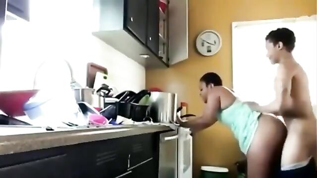 Black Mom And Son Fuck In The Kitchen - 2 image